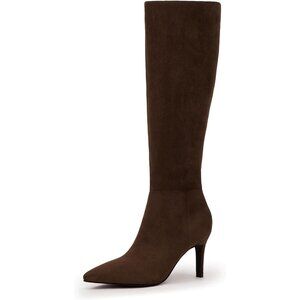 Women Dark Brown Suede Faux Leather Pointed Toe Stiletto Heel Zipper Dress Boot